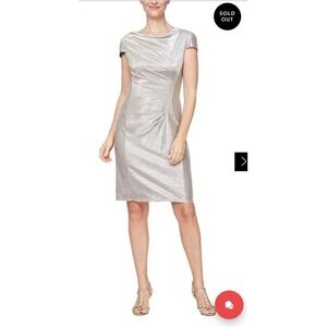 Alex Evenings Cap‎ Sleeve Cowl Neck Silver Metallic Evening Sheath Dress size 10